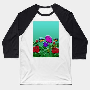 Floral Flowers & Bees - Roses 3D Artwork Baseball T-Shirt